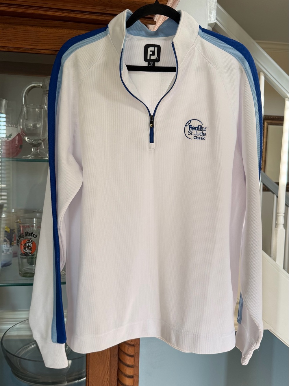 FootJoy White Quarter-Zip Sweater with Blue Shoulder Stripes